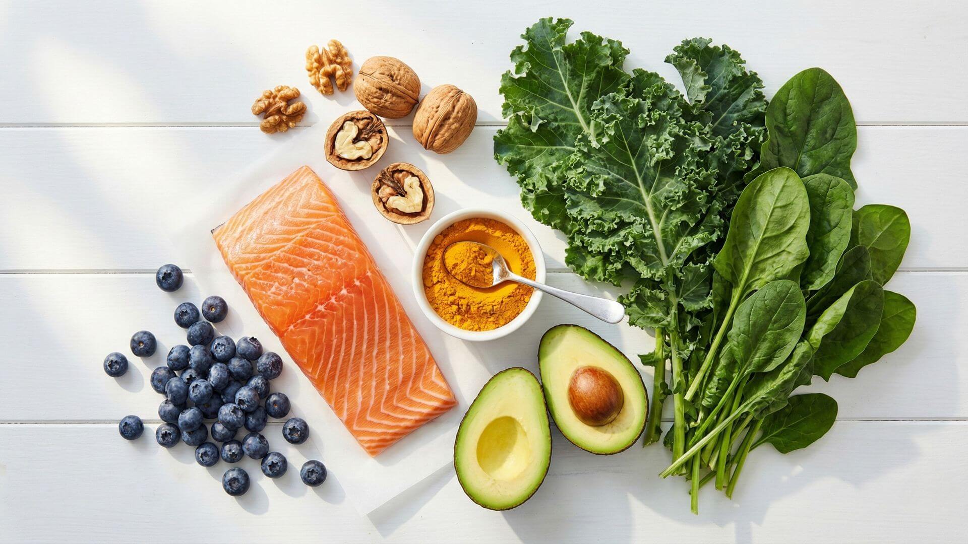 Vaše lékárna na talíři. Losos a vlašské ořechy dodávají protizánětlivé omega-3 kyseliny, zatímco borůvky, kurkuma a listová zelenina poskytují silné antioxidanty pro ochranu buněk. Tato kombinace přímo podporuje zdraví střev i nervové soustavy.